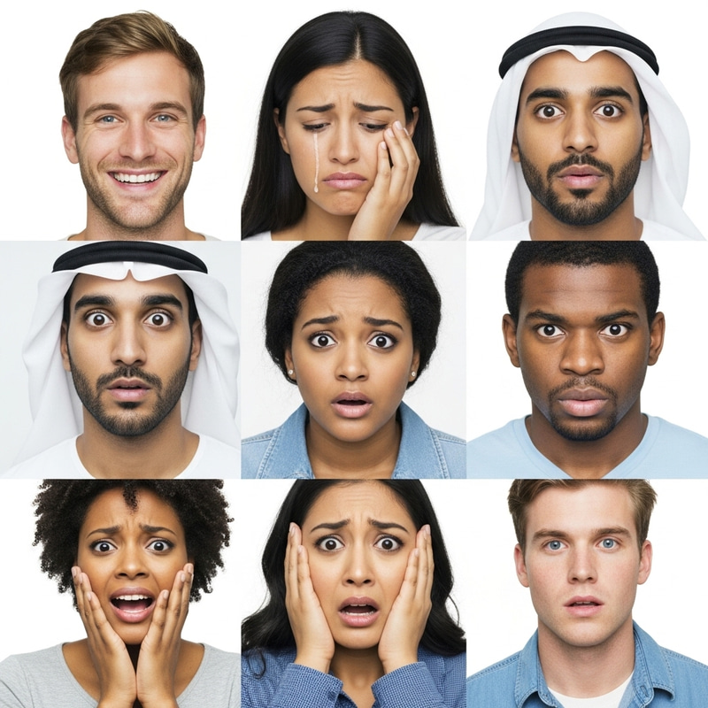 Faces Expressing Diverse Emotions: Joy, Sadness, Surprise, Anger, Fear, Confusion Faces Expressing Diverse Emotions: Joy, Sadness, Surprise, Anger, Fear, Confusion