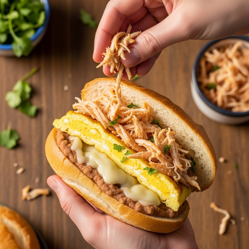 Hands Sprinkling Shredded Chicken on Egg Torta
