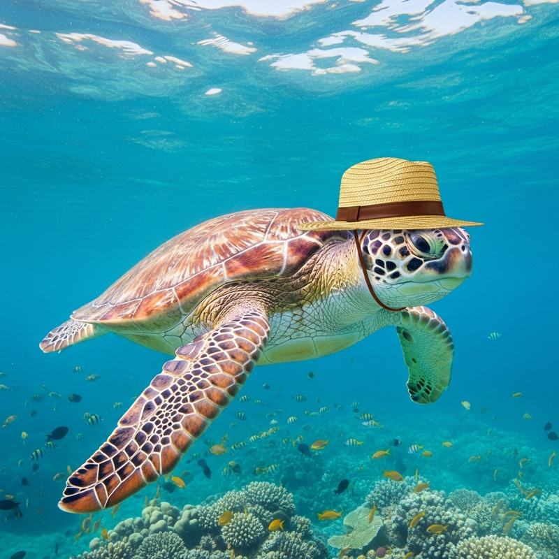 Turtle with Hat Swimming in Ocean