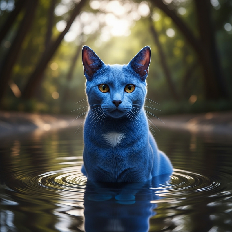 Blue Cat Sitting in Water - Stunning Image
