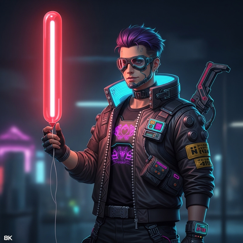 Adorable Cyberpunk Model with Long Red Balloon in 8K Quality