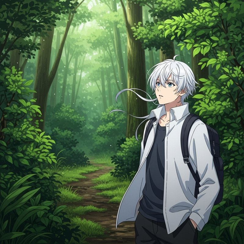Curious Young Man Stands at Edge of Verdant Forest Curious Young Man Stands at Edge of Verdant Forest