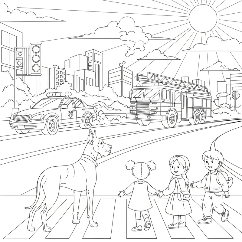 Children's Coloring Page: Lively City Scene with Great Dane, Police Car, and Fire Engine Children's Coloring Page: Lively City Scene with Great Dane, Police Car, and Fire Engine