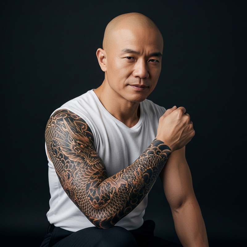 Bald Asian Man with Intricate Dragon Tattoo - Strength and Wisdom Bald Asian Man with Intricate Dragon Tattoo - Strength and Wisdom