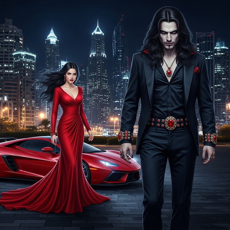 Captivating Night City Scene with Elegant Woman and Handsome Man Captivating Night City Scene with Elegant Woman and Handsome Man