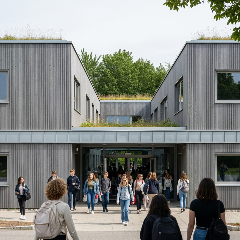 Contemporary School Design with Vertical Gray Wood Facade and Metal Panels