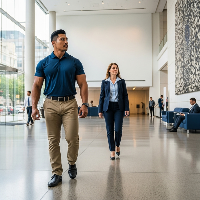 Male Bodyguard Protecting Female Client in Office Lobby