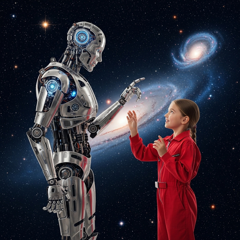 Girl and Friendly AI Robot in Red Jumpsuit | Space Tech Interaction Girl and Friendly AI Robot in Red Jumpsuit | Space Tech Interaction