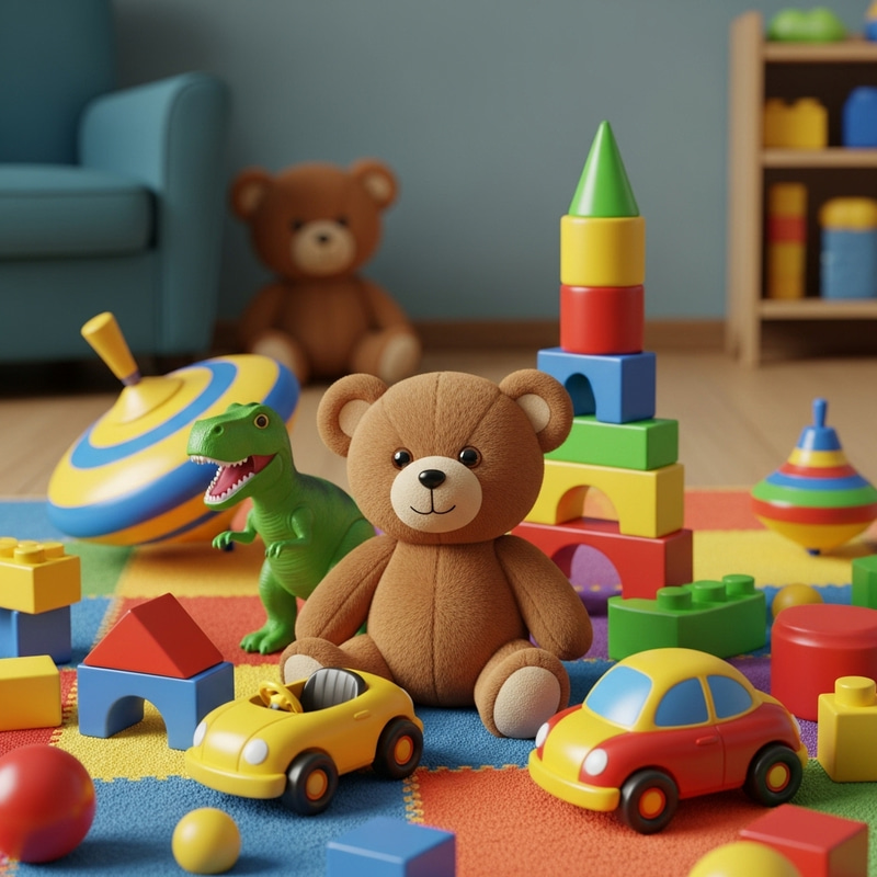 Fun and Colorful Toy Illustration with Teddy Bear, Dinosaur & Car
