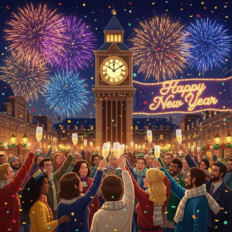 Happy New Year Wishes - Celebrate with Midnight Clock Striking