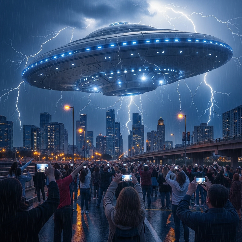 Alien Spaceship Over City During Lightning Storm Alien Spaceship Over City During Lightning Storm