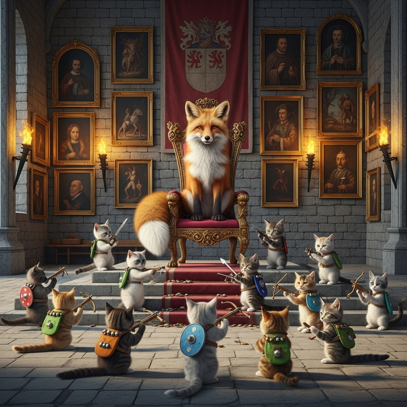 Surreal Scene Inside Ancient Castle: Fox, Armed Kittens & Paintings Surreal Scene Inside Ancient Castle: Fox, Armed Kittens & Paintings