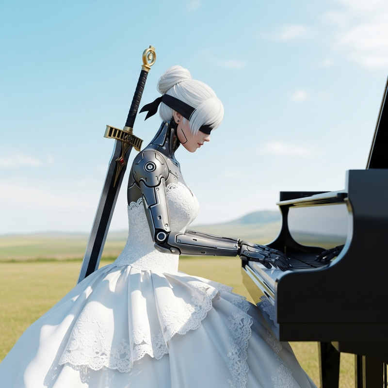 Female Android in Wedding Dress Playing Piano Female Android in Wedding Dress Playing Piano