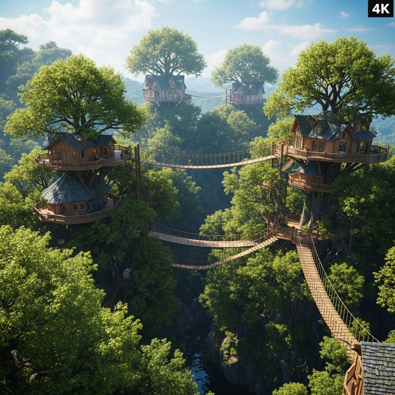 Enchanting Treehouse Village in Sky | Aerial 4K Artistry Enchanting Treehouse Village in Sky | Aerial 4K Artistry