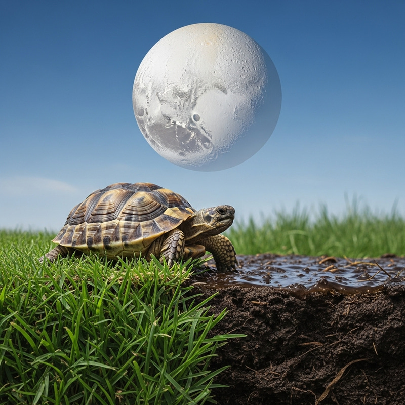 Humble Turtle in Natural Habitat on Ground with Grass and Mud, Pluto Sky View Humble Turtle in Natural Habitat on Ground with Grass and Mud, Pluto Sky View