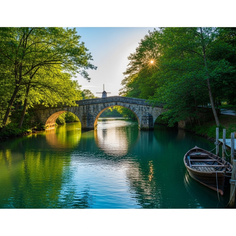 Rustic Waterway: Tranquil Scene with Stone Bridge