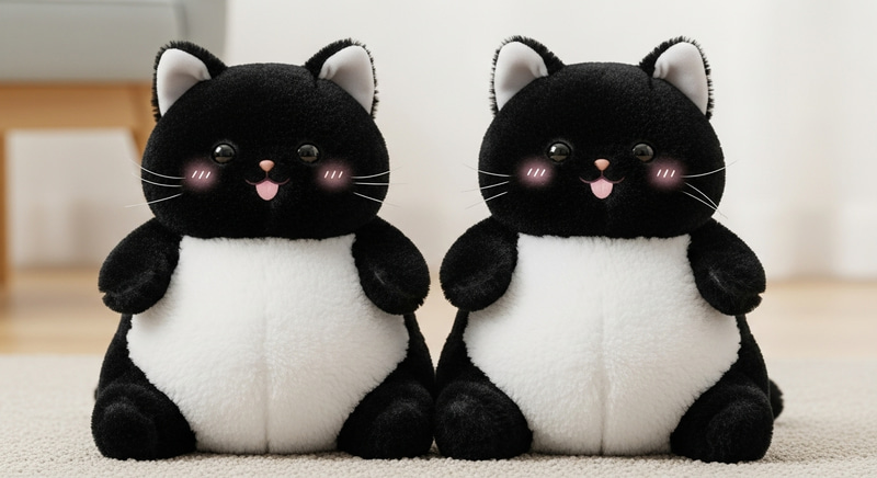 Playful Black Plush Cat Toys with Adorable Bellies on Soft Carpet Playful Black Plush Cat Toys with Adorable Bellies on Soft Carpet