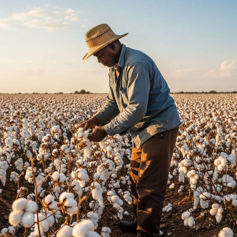 Hardworking Black Man Picking Cotton in Expansive Fields Hardworking Black Man Picking Cotton in Expansive Fields