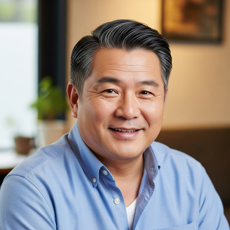 Asian Middle-Aged Man with Square Face and Slightly Plump Build Asian Middle-Aged Man with Square Face and Slightly Plump Build
