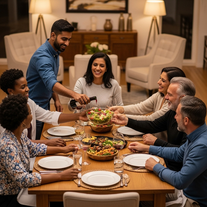 Diverse Dining Experience: Gathered Around Table for Dinner