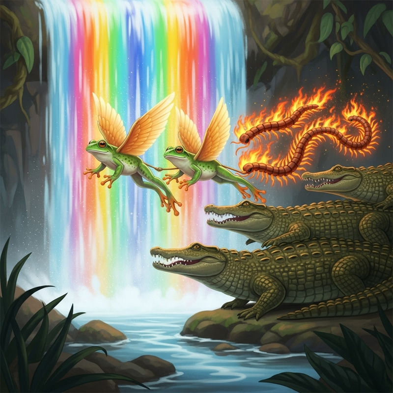 Enchanting Illustration: Ethereal Frogs Wings Gliding Under Rainbow Waterfalls Enchanting Illustration: Ethereal Frogs Wings Gliding Under Rainbow Waterfalls