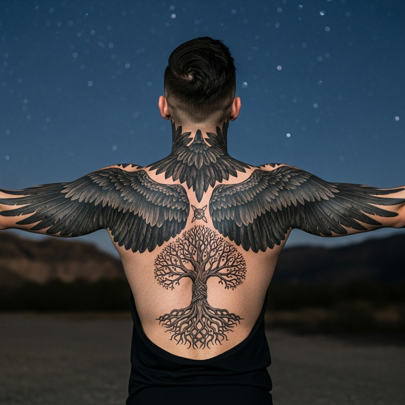 Nordic Tattooed Man: Yggdrasil Wings & Raven Feathers