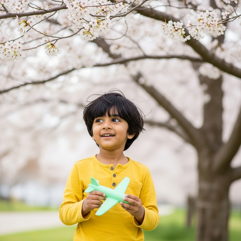 Cute Child Enjoying Nature Under Cherry Blossom Tree