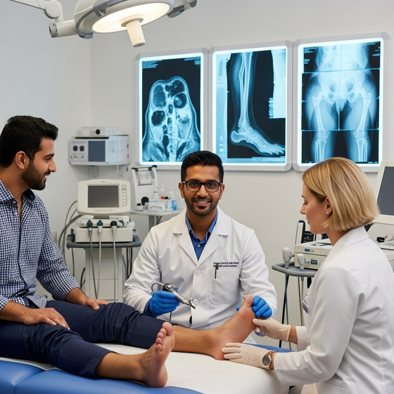 Specialist Foot Doctor Treating Patient with Assistant, MRI, and X-rays Specialist Foot Doctor Treating Patient with Assistant, MRI, and X-rays