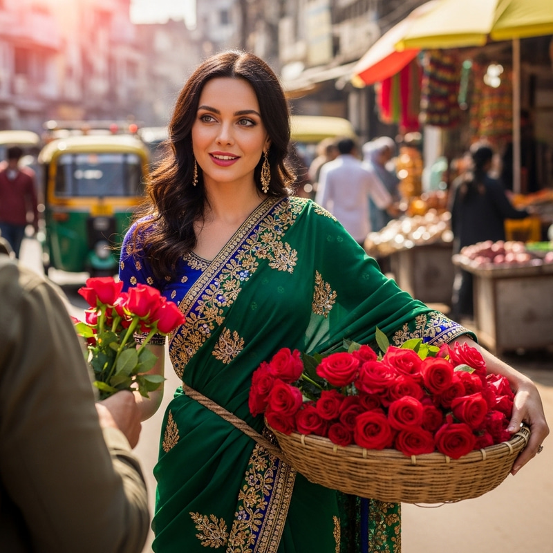 Attractive White Woman in Saree Selling Roses in India Attractive White Woman in Saree Selling Roses in India