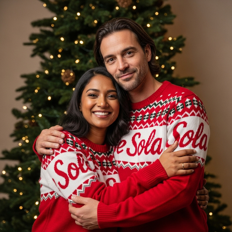 Cozy Holiday Moment: Asian & French Coca-Cola Sweater Hug by a Pine Tree Cozy Holiday Moment: Asian & French Coca-Cola Sweater Hug by a Pine Tree