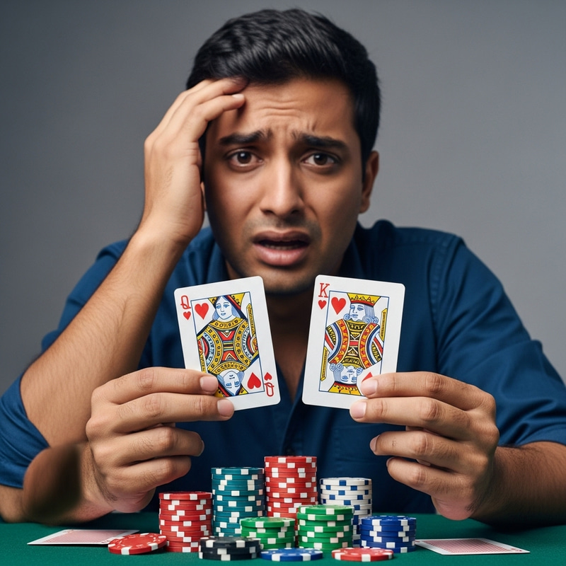Distraught Man Holding Queen and King Cards - Poker Game Illustration Distraught Man Holding Queen and King Cards - Poker Game Illustration