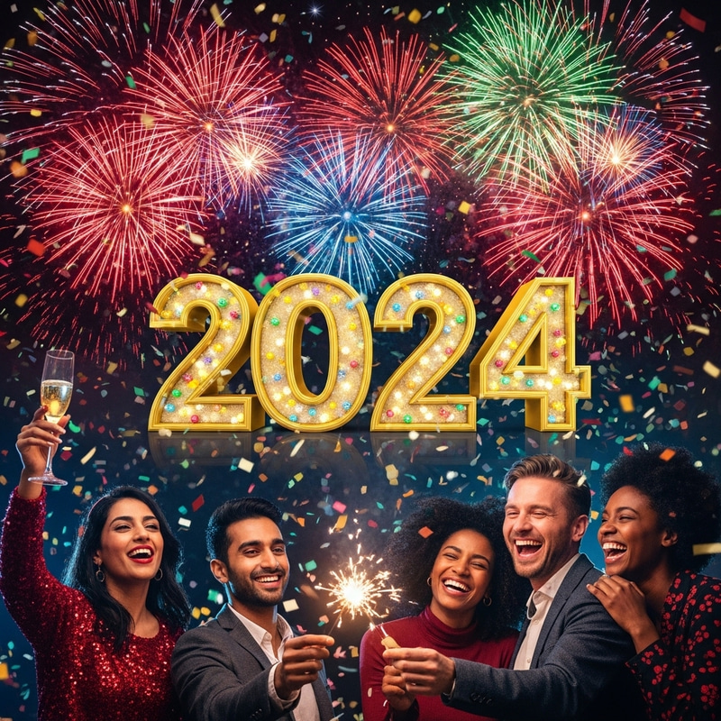 New Year 2024 Celebration: 3D Number, Colorful Confetti & Fireworks