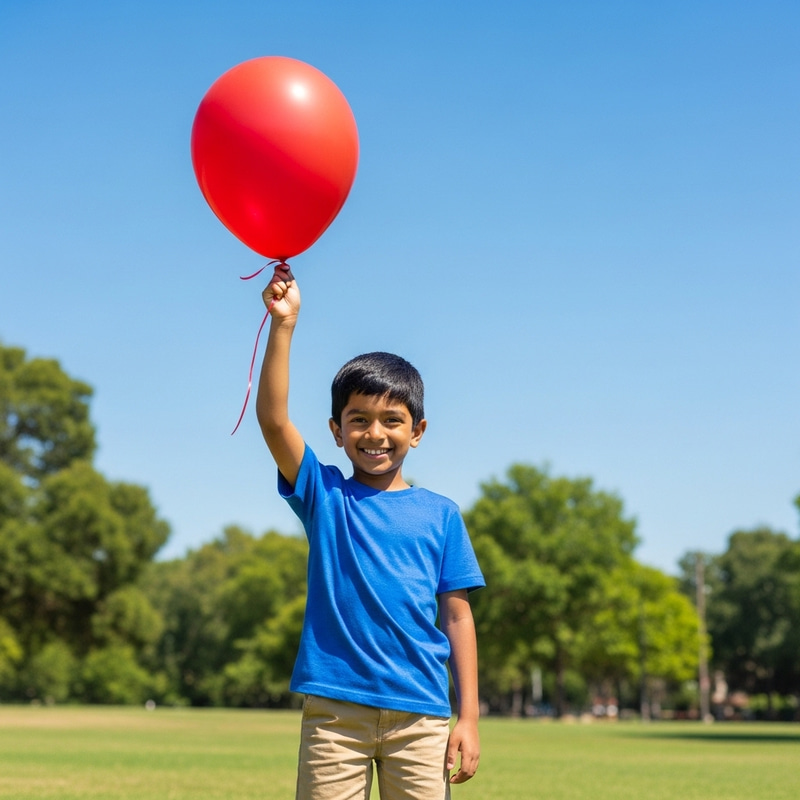 Cheerful Child with Red Balloon in the Park Cheerful Child with Red Balloon in the Park