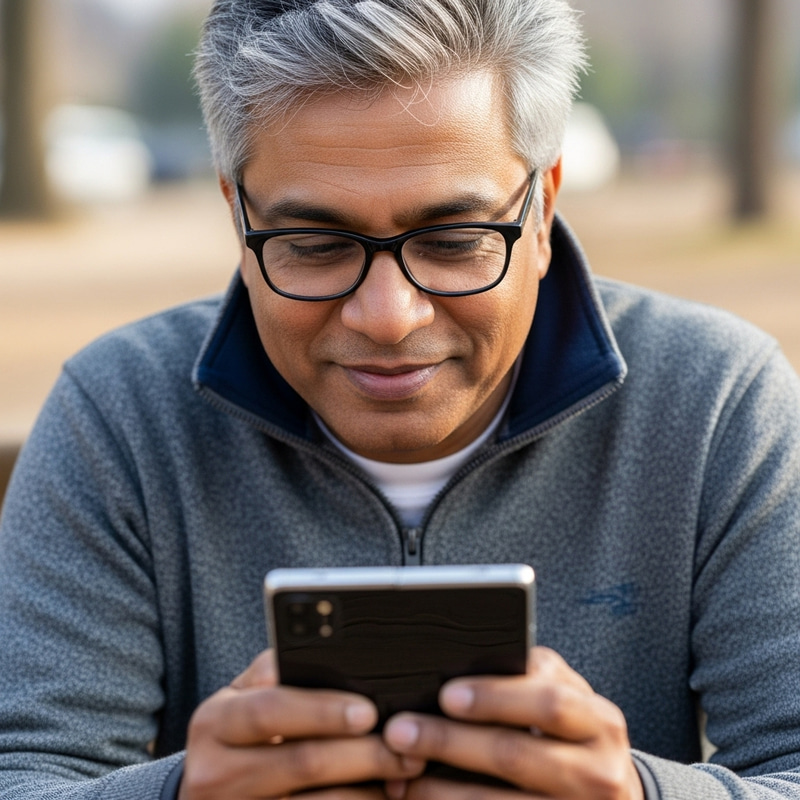 Indian Man with Black and Slightly White Hair Using Foldable Smartphone