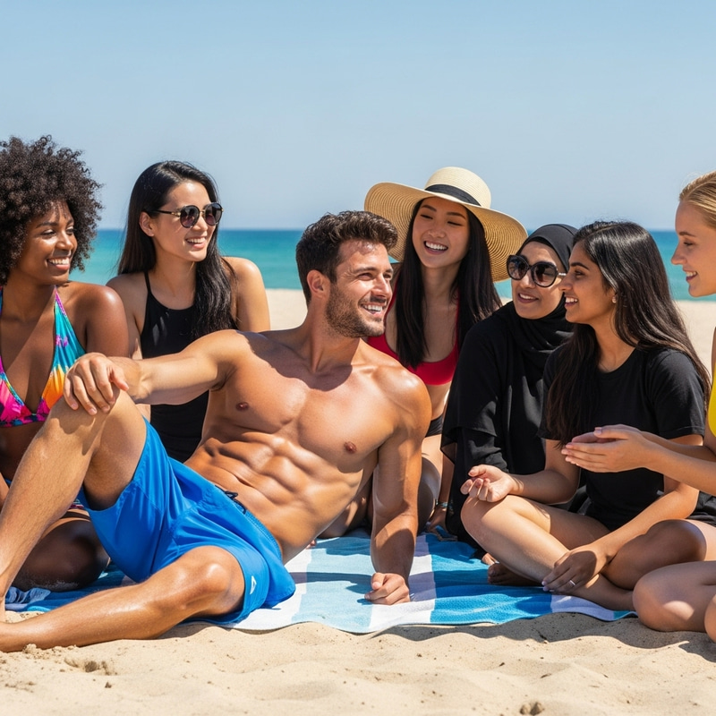 Beach Scene: Physically Fit Man with Six-Pack Abs and Diverse Women