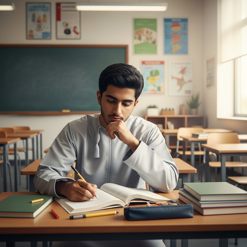 Omani Student in Classroom Deeply Engrossed in Studying Omani Student in Classroom Deeply Engrossed in Studying