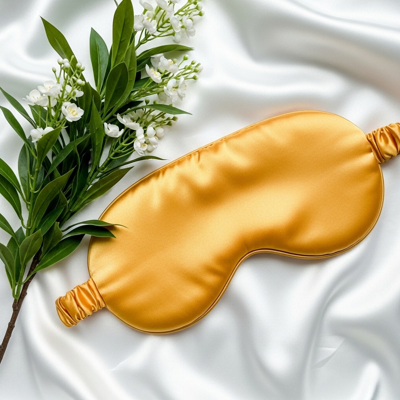 Golden Silk Sleep Mask on White Silk Sheet | Elegant Nature Contrast with Green Branch and White Flowers Golden Silk Sleep Mask on White Silk Sheet | Elegant Nature Contrast with Green Branch and White Flowers