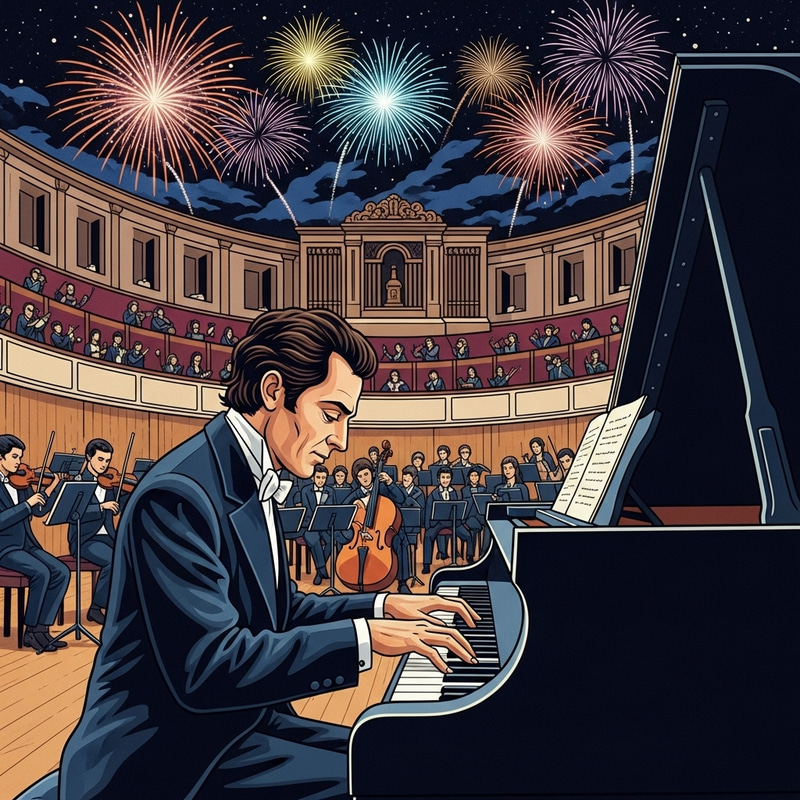 Modern & Vibrant Portrait of Giacomo Puccini at Piano | Cultural Celebration Modern & Vibrant Portrait of Giacomo Puccini at Piano | Cultural Celebration