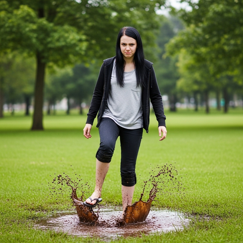 Young Girl Wednesday Steps in Mud in Flip-Flops Young Girl Wednesday Steps in Mud in Flip-Flops