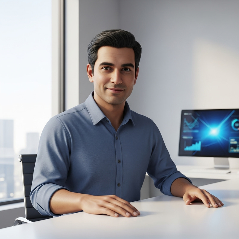 Modern Indian Man Sitting at White Desk Pose for Camera