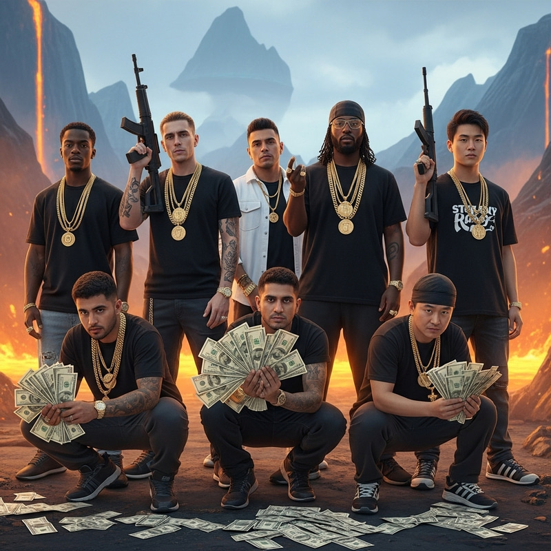 Diverse Group of Seven with Weapons, Gold Chains, and Money in Futuristic Setting
