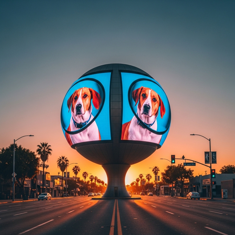 Concave LED Billboards Sphere Featuring Dog Image on Sunset Blvd
