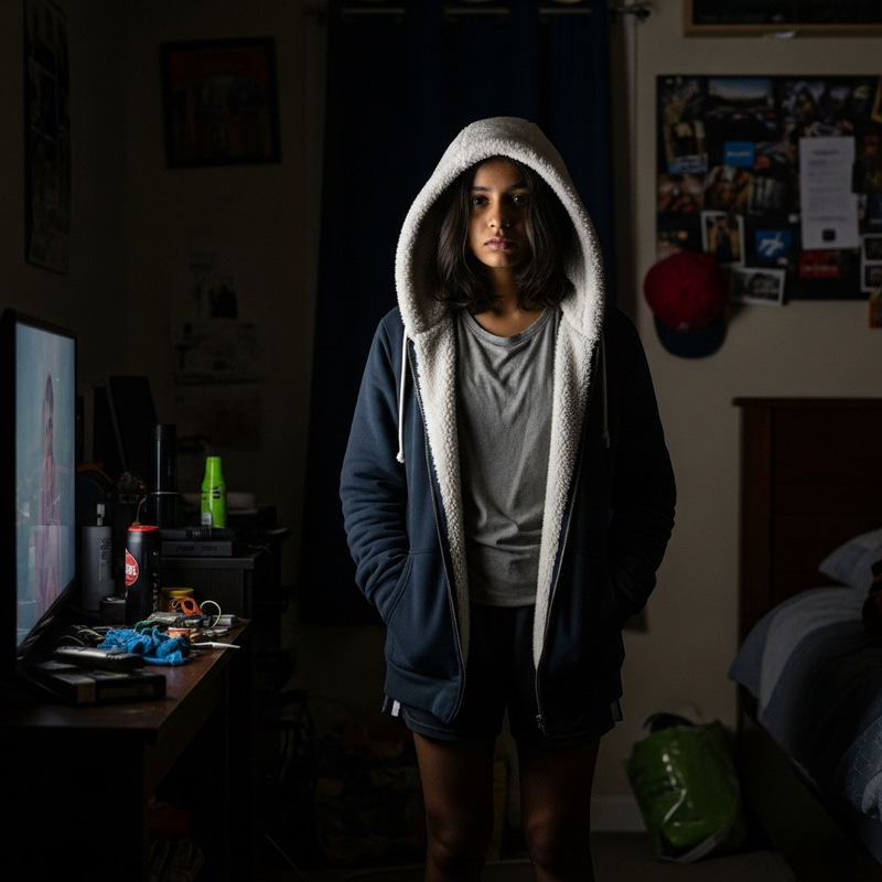 South Asian Girl in Cluttered Room with Hoodie in Soft Light South Asian Girl in Cluttered Room with Hoodie in Soft Light