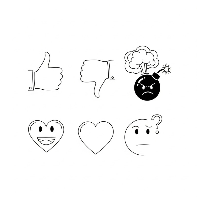 Minimalist Emoji Collection: Thumbs-Up, Thumbs-Down, Angry Bomb, Happy Heart, Confused Face Minimalist Emoji Collection: Thumbs-Up, Thumbs-Down, Angry Bomb, Happy Heart, Confused Face