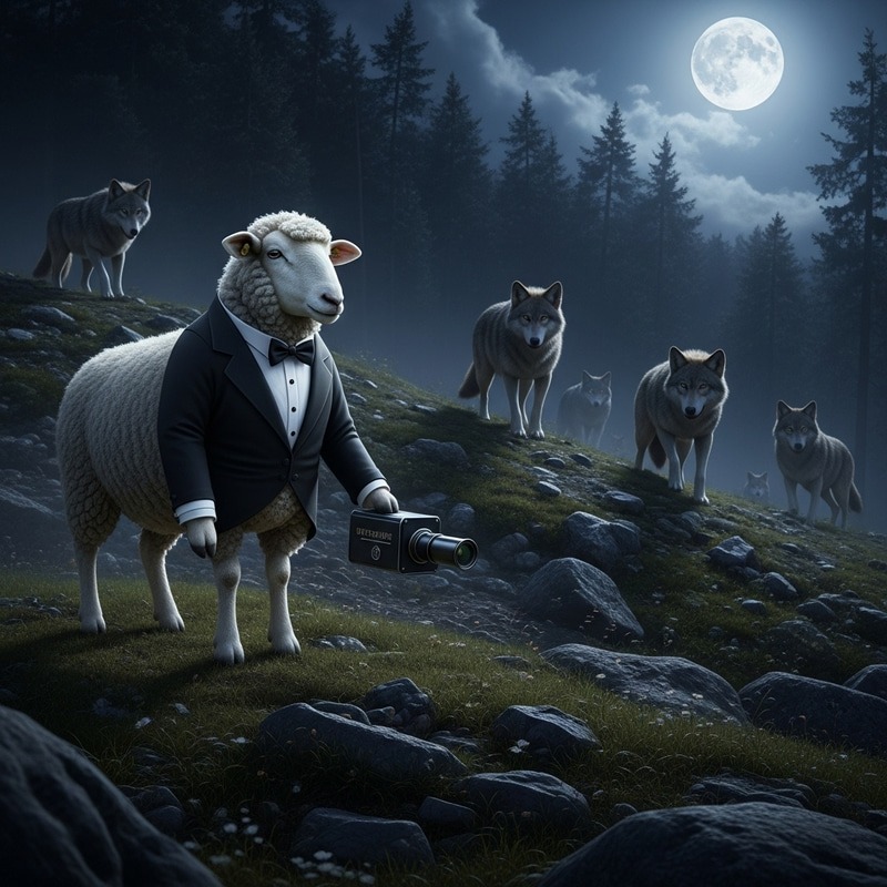 James Bond Sheep Defeats Wolves: Realistic Countryside Scene James Bond Sheep Defeats Wolves: Realistic Countryside Scene