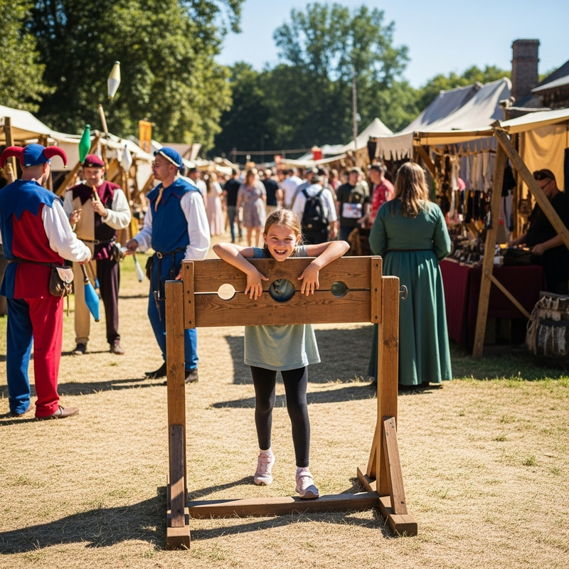 Medieval Fair Pillory Experience: Joyful Young Girl in Historical Reenactment