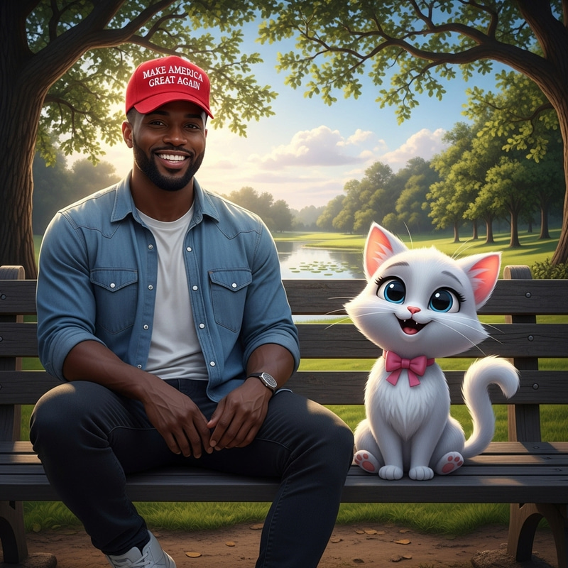 Serene Park Bench Scene with Kanye West and Hello Kitty in Beautiful Landscape Serene Park Bench Scene with Kanye West and Hello Kitty in Beautiful Landscape