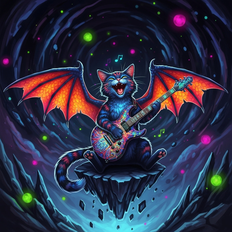 Whimsical Cat with Dragon Wings Strumming Guitar