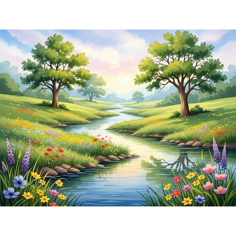 Serenity in Watercolor: Verdant Fields & Wildflowers