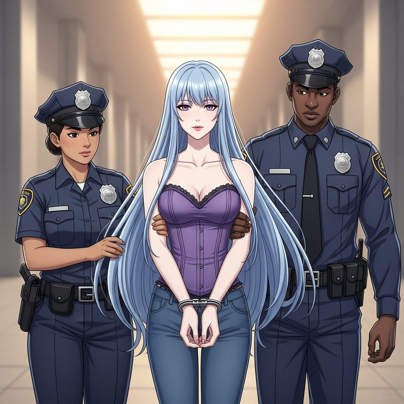 Anime-Style Woman Escorted by Police - Blue Hair & Purple Corset Anime-Style Woman Escorted by Police - Blue Hair & Purple Corset